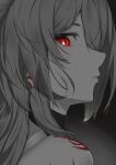  1girl absurdres acheron_(honkai:_star_rail) black_choker body_markings bright_pupils choker earrings grey_background greyscale highres honkai:_star_rail honkai_(series) jewelry long_hair looking_at_viewer markings monochrome parted_lips portrait red_eyes solo spot_color white_pupils yems 