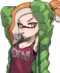  1girl absurdres breasts cigarette cleavage collarbone commentary green_jacket highres ikachan_pochan inkling inkling_girl inkling_player_character jacket medium_hair mole mole_under_eye open_clothes open_jacket orange_hair print_tank_top red_tank_top short_ponytail simple_background solo splatoon_(series) splatoon_3 symbol-only_commentary tank_top tentacle_hair upper_body v-shaped_eyebrows white_background yellow_eyes 
