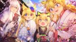  1boy 4girls :3 :d :o animal_ears bangs black_kimono blonde_hair blue_eyes blue_flower blue_sky blurry blurry_foreground blush brown_hair calligraphy_brush cat_ear_headphones cat_ears checkered cloud cloudy_sky commander_(girls_frontline) commentary_request day depth_of_field eyebrows_visible_through_hair fingernails floral_print flower g41_(girls_frontline) girls_frontline hair_between_eyes hair_flower hair_ornament half-closed_eye headphones heterochromia highres holding holding_paintbrush idw_(girls_frontline) japanese_clothes kar98k_(girls_frontline) kimono long_hair long_sleeves low_twintails multiple_girls obi one_eye_closed open_mouth out_of_frame outdoors paintbrush pink_flower print_kimono red_eyes sash shennai_misha sky sleeves_past_fingers sleeves_past_wrists smile striped tmp_(girls_frontline) tree_branch twintails vertical-striped_kimono vertical_stripes very_long_hair white_hair white_kimono wide_sleeves 