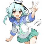  1girl absurdres animal animal_on_shoulder aqua_hair bigkwl blue_sailor_collar blush brown_eyes dated dixie_cup_hat double_bun fang green_neckerchief green_skirt hair_bun hat highres kantai_collection little_blue_whale_(kancolle) looking_at_viewer military_hat neckerchief one-hour_drawing_challenge open_mouth pleated_skirt sailor_collar samuel_b._roberts_(kancolle) school_uniform serafuku simple_background skirt twitter_username whale white_background 
