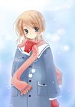  :o blue_eyes blush brown_hair coat fujii_chifumi fur_trim gloves original pink_scarf red_gloves scarf short_hair snowing solo 