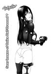  ass bodysuit breasts comic from_behind gantz greyscale gun highres large_breasts long_hair looking_back monochrome no_pants official_art oku_hiroya panties scan shimohira_reika simple_background smile solo standing thighhighs underwear weapon x-gun 