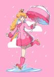  1girl blonde_hair blue_eyes boots coat commentary crown earrings english_commentary high_heel_boots high_heels highres holding holding_umbrella jewelry long_hair mario_(series) pink_background pink_coat pink_footwear pink_lips princess_peach puddle rubber_boots saiwo_(saiwoproject) simple_background sleeves_past_wrists smile solo sphere_earrings teeth umbrella 