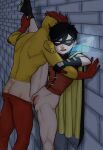  2boys against_wall black_hair bodysuit cuntboy cuntboy_with_male dc_comics dick_grayson kid_flash male_focus midosune multiple_boys nude open_mouth pussy red_hair robin_(dc) sex short_hair standing vaginal young_justice 