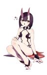  1girl blush breasts esu_(transc) fate/grand_order fate_(series) full_body horns looking_at_viewer oni open_mouth purple_eyes purple_hair revealing_clothes short_hair shuten_douji_(fate) simple_background sitting skin-covered_horns small_breasts solo white_background 