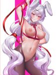  1girl absurdres animal_ears armpits bare_shoulders black_pantyhose blush breasts clothing_cutout highres honkai_(series) honkai_impact_3rd large_breasts long_hair navel nyeppu pantyhose playboy_bunny rabbit_ears red_eyes simple_background sleeveless solo theresa_apocalypse theresa_apocalypse_(luna_kindred) theresa_apocalypse_(lunar_vow:_crimson_love) thighs twintails variant_set white_background white_hair 