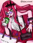  1girl :o bag baobhan_sith_(fate) bare_shoulders breasts center_frills cup drinking_straw earrings fate/grand_order fate_(series) frills green_eyes highres izumi_minami jewelry large_breasts long_hair looking_at_viewer looking_over_eyewear open_mouth pink_hair pointy_ears purple-tinted_eyewear red_shorts round_eyewear shirt shorts shoulder_bag sidelocks sleeveless sleeveless_shirt solo sunglasses thighs tiara tinted_eyewear twitter_username white_shirt 