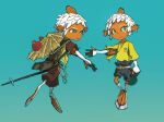  1boy animal_feet aqua_background baggy_pants blue_eyes brown_shorts closed_mouth colored_sclera colored_skin fins fish_boy full_body green_vest hand_up hashtag-only_commentary head_fins highres holding holding_polearm holding_weapon looking_at_viewer male_focus monster_boy multiple_views orange_skin original pants polearm shirt short_hair shorts simple_background umbs_iso vest weapon white_hair yellow_sclera yellow_shirt 