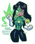  1girl absurdres aura black_bodysuit black_hair bodysuit boots breasts commission contrapposto dark-skinned_female dark_skin dc_comics elbow_gloves facial_mark gloves green_eyes green_lantern green_lantern_(series) green_lantern_corps green_lips highres holding jessica_cruz jewelry lantern large_breasts lips long_hair markings power_ring_(green_lantern) rariatto_(ganguri) ring skin_tight smile thick_thighs thighs twitter_username white_gloves 