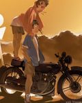  1girl arm_support artist_request bent_over black_hair copyright_request couple ground_vehicle hands_on_shoulders hetero motor_vehicle motorcycle on_vehicle short_hair smile standing sunset 