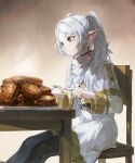  1girl belt black_pantyhose capelet chair closed_mouth commentary earrings food fork frieren green_eyes grey_hair highres holding holding_fork jewelry long_hair long_sleeves pantyhose plate pointy_ears quasarcake simple_background sitting skirt solo sousou_no_frieren steak symbol-only_commentary table twintails white_capelet white_skirt 