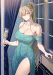  1girl alcohol bare_shoulders blonde_hair breasts cleavage closed_mouth collarbone covered_navel cup dress green_dress green_eyes hair_ornament highres holding holding_cup indoors large_breasts long_hair looking_at_viewer mashuu_(neko_no_oyashiro) night off_shoulder original ponytail smile solo sonia_(hijiri_kishi_sonia-san) thighs window 