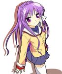  clannad fujibayashi_kyou hair_intakes hikarizaka_private_high_school_uniform ixy long_hair purple_eyes purple_hair school_uniform solo thighhighs 