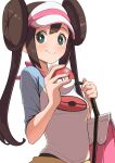  1girl bag blue_sleeves blush breasts brown_hair closed_mouth collarbone commentary double_bun green_eyes hair_bun highres holding holding_poke_ball long_hair looking_at_viewer neko_(hansinn) poke_ball poke_ball_print pokemon pokemon_bw2 print_shirt raglan_sleeves rosa_(pokemon) shirt simple_background small_breasts smile solo twintails upper_body visor_cap white_background white_shirt 