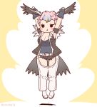  1girl arms_up belt bird_girl bird_tail bird_wings boots coroha feathered_wings fingerless_gloves full_body gloves head_wings jacket jumping kemono_friends lappet-faced_vulture_(kemono_friends) looking_at_viewer pants pink_hair shirt short_hair shorts simple_background sleeveless solo tail wings yellow_background 