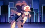  =_(9_yawbus) baseball_cap bent_over black_vest blue_eyes blue_shorts breasts brown_hair city collarbone covered_navel fluffy_hair hand_on_own_ass hand_on_own_leg hat high_ponytail highres hilda_(pokemon) holding holding_poke_ball long_hair medium_breasts night poke_ball pokemon pokemon_bw shirt shorts vest white_shirt 