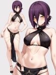  1girl black_choker breasts chainsaw_man choker commentary criss-cross_halter deyo_(nicijyou) halterneck hand_on_own_hip highres legs looking_at_viewer medium_breasts meme_attire navel pelvic_curtain purple_hair reze_(chainsaw_man) simple_background solo standing thighs white_background yellow_eyes yomorio_lingerie 