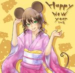  2008 2d animal_ears brown_hair chinese_zodiac curly_hair ear_grab green_eyes grin happy_new_year japanese_clothes kimono mole mole_under_mouth mouse_ears mouse_tail nail_polish new_year original pink_nails smile solo tail upper_body year_of_the_rat yellow_background 