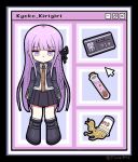  1girl black_footwear black_gloves black_jacket black_skirt boots chibi collared_shirt cup_ramen cursor danganronpa:_trigger_happy_havoc danganronpa_(series) fue_(flute032) full_body gloves id_card jacket kirigiri_kyoko long_hair necktie pleated_skirt purple_eyes purple_hair red_necktie shirt skirt solo user_interface vial white_shirt window_(computing) 