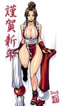  breasts brown_eyes brown_hair cleavage curvy fatal_fury large_breasts leg_lift legs loincloth long_hair nek pelvic_curtain ponytail revealing_clothes shiranui_mai smile snk solo standing standing_on_one_leg the_king_of_fighters 