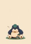  artist_name blue_flower claws closed_eyes commentary_request evolutionary_line fangs flower highres munchlax musical_note on_grass open_mouth pokemon pokemon_(creature) simple_background sitting sleeping snorlax twitter_username white_background zozozoshion 