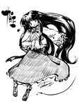  artist_name belt blush frilled_skirt frills full_body greyscale houraisan_kaguya long_hair long_sleeves monochrome open_mouth shoes sidelocks simple_background skirt solo tokiame touhou very_long_hair white_background wide_sleeves 