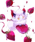  absurdres animal_focus artist_name bright_pupils food fruit highres hisuian_zorua mane no_humans pokemon pokemon_(creature) short_eyebrows simple_background strawberry su_(sajo_su5) tail thick_eyebrows white_background white_fur white_pupils yellow_eyes 