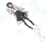  black_legwear breath brown_hair coat from_above long_coat lying motomiya_mitsuki on_back open_clothes open_coat original pantyhose school_uniform serafuku skirt snow snowing solo 