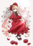  1girl blonde_hair blue_eyes bonnet cape cup dress flower full_body highres holding holding_cup holding_saucer long_hair parted_lips petals pine_(pineapple5459) red_cape red_dress red_flower red_rose ringlets rose rozen_maiden saucer shinku solo teacup twintails very_long_hair 