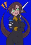  ! !! 1girl absurdres aile_(mega_man_zx) arm_under_breasts black_bodysuit blue_background blue_jacket blush bodysuit bodysuit_under_clothes breasts brown_hair buzzlyears commentary covered_collarbone covered_navel cropped_jacket fang faux_traditional_media finger_to_mouth glowing green_eyes highres jacket large_breasts long_hair looking_at_viewer mega_man_(series) mega_man_zx mega_man_zx_advent no_pants open_clothes open_jacket open_mouth ponytail robot_ears simple_background solo teeth upper_teeth_only 