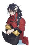  ... 1boy black_hair black_pants braid cloak closed_eyes closed_mouth commentary cropped_legs crossed_arms final_fantasy final_fantasy_vii flower hair_between_eyes hair_flower hair_ornament highres long_hair male_focus pants red_cloak side_braid simple_background solo squeans symbol-only_commentary tanaka_nmnl vincent_valentine white_background white_flower zzz 