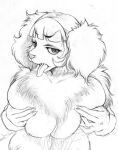  bangs big_breasts breasts canid canine female fur graphite_(artwork) hair holding_breast looking_at_viewer mammal marudi monochrome multi_breast nude pencil_(artwork) simple_background solo tongue tongue_out traditional_media_(artwork) white_background 