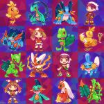  2boys 2girls bandana beanie bike_shorts_under_skirt blaziken brendan_(pokemon) brown_hair claws colored_sclera combusken crossed_arms deformed grovyle hat kanafumi_(spindle) marshtomp may_(pokemon) mega_blaziken mega_pokemon mega_ring mega_sceptile mega_swampert mudkip multiple_boys multiple_girls multiple_persona open_mouth pokemon pokemon_(creature) pokemon_oras pokemon_rse red_bandana sceptile solid_oval_eyes swampert torchic treecko yellow_sclera 