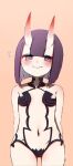  1girl blush breasts cowboy_shot esu_(transc) fang fate/grand_order fate_(series) horns looking_at_viewer navel oni purple_eyes purple_hair revealing_clothes short_hair shuten_douji_(fate) simple_background skin-covered_horns small_breasts smile solo 