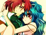  1girl alfimi axel_almer blue_hair carrying facial_mark hio_(artist) long_hair lowres princess_carry red_eyes red_hair super_robot_wars super_robot_wars_advance super_robot_wars_impact super_robot_wars_original_generation sweatdrop 