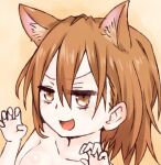  1girl :d animal_ear_fluff animal_ears breasts brown_eyes brown_hair cat_day cat_ears claw_pose commentary_request hair_between_eyes hands_up i.u.y kemonomimi_mode light_blush long_bangs looking_at_viewer medium_breasts medium_hair nude open_mouth orange_background portrait shiny_skin shokuhou_misaki smile solo toaru_majutsu_no_index v-shaped_eyebrows 