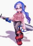  1girl black_pants blue_hair closed_mouth commentary e-liter_4k_(splatoon) earrings eyebrow_cut full_body gun highres holding holding_gun holding_weapon hsk8tori inkling inkling_girl inkling_player_character jewelry long_hair pants pointy_ears red_footwear shadow shoes simple_background smile solo splatoon_(series) splatoon_3 standing standing_on_one_leg tentacle_hair thick_eyebrows torn_clothes torn_pants weapon white_background yellow_eyes 