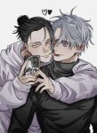  2boys arm_around_neck black_hair black_sweater cellphone closed_mouth couple earrings getou_suguru gojou_satoru hair_bun heart highres holding holding_phone hood hoodie jewelry jujutsu_kaisen leia_front2 long_sleeves loose_hair_strand male_focus medium_hair multiple_boys orange_eyes phone selfie short_hair simple_background single_hair_bun smartphone smile stud_earrings sweater tongue tongue_out turtleneck turtleneck_sweater upper_body very_short_hair white_background white_hair white_hoodie yaoi 