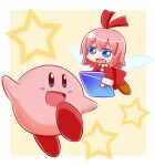  1girl :d blue_eyes blue_wings blush blush_stickers boots brown_background brown_footwear commentary_request dress fairy_wings hair_between_eyes hair_ribbon holding kirby kirby&#039;s_dream_land kirby_(series) long_hair long_sleeves naga_u pink_hair red_dress red_ribbon ribbon ribbon_(kirby) smile star_(symbol) transparent_wings two-tone_background white_background wings 