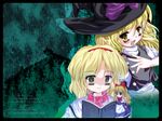  :d akahito alice_margatroid apron black_dress blank_eyes blonde_hair blue_dress doll dress expressionless flying hat highres kirisame_marisa looking_at_viewer multiple_girls open_mouth shaded_face shanghai_doll size_difference smile touhou waist_apron wallpaper wavy_hair witch_hat 
