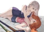  2girls bare_shoulders bed bed_sheet blue_eyes blush braid breasts cleavage dress facial_hair french_braid girl_on_top grabbing_another&#039;s_hair grey_hair highres holding_hands jojobirdz kanne_(sousou_no_frieren) lawine_(sousou_no_frieren) long_hair lying lying_on_person mage_staff medium_breasts multiple_girls nightgown on_back on_bed red_hair short_shorts shorts simple_background small_breasts sousou_no_frieren tank_top thighs yuri 