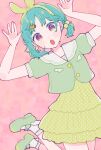  1girl blue_hair commentary frilled_skirt frills green_footwear green_jacket green_skirt hair_ornament hair_tie hairclip jacket kudo_(low_temp) looking_at_viewer low_twintails open_mouth original pastel_colors pink_background short_sleeves skirt socks solo tagme twintails two-tone_eyes white_socks 