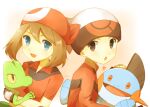  1boy 1girl :d :o bandana brendan_(pokemon) brown_eyes brown_hair gloves hair_between_eyes hat heart highres holding holding_pokemon long_sleeves marshtomp may_(pokemon) open_mouth pokemon pokemon_(creature) pokemon_rse red_bandana red_shirt shirt short_hair short_sleeves smile treecko upper_body white_hat ymzmi 