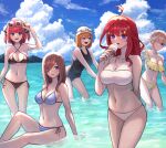  5girls ahoge bikini black_bikini black_one-piece_swimsuit black_ribbon blue_bikini blue_sky breasts brown_hair butterfly_hair_ornament cleavage commentary_request criss-cross_halter eyewear_on_head go-toubun_no_hanayome gomashiwo_o hair_ornament hair_ribbon halterneck highres holding holding_ice_cream_cone ice_cream_cone long_hair multiple_girls nakano_ichika nakano_itsuki nakano_miku nakano_nino nakano_yotsuba navel ocean off-shoulder_bikini off_shoulder one-piece_swimsuit orange_hair pink_hair quintuplets red_hair ribbon side-tie_bikini_bottom sky star_(symbol) star_hair_ornament strapless strapless_bikini sunglasses swimsuit wet white_bikini yellow_bikini 