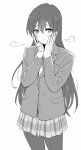  1girl blazer blush closed_mouth commentary_request furrowed_brow greyscale hair_between_eyes hands_on_own_cheeks hands_on_own_face jacket long_hair long_sleeves looking_at_viewer love_live! love_live!_school_idol_project monochrome otonokizaka_school_uniform pantyhose plaid plaid_skirt school_uniform shibasaki_shouji sidelocks skirt sleeves_past_wrists solo sonoda_umi standing sweater upper_body winter_uniform 