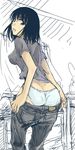  ass black_hair breasts cosaten covered_nipples denim green_eyes jeans looking_back medium_breasts panties pants pants_pull pulled_by_self school_rumble short_hair solo suou_mikoto underwear undressing 