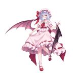  1girl :d ascot bat_wings black_wings blue_hair commentary_request full_body highres kure~pu pink_hat pink_shirt pink_skirt pink_wings red_ascot red_eyes red_footwear remilia_scarlet shirt short_hair simple_background skirt skirt_hold smile touhou white_background wings 