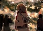  1girl bag bang_dream! bang_dream!_it&#039;s_mygo!!!!! black_bag black_ribbon blurry blurry_background brown_hair chinese_commentary christmas commentary_request facing_away hair_ribbon long_hair outdoors people qing_yan_xia ribbon school_bag shoulder_bag snow solo_focus togawa_sakiko twintails weibo_watermark winter_clothes 