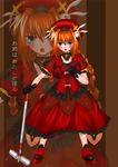  ahoge beret blue_eyes braid bunny_hair_ornament clenched_hand dress full_body gloves graf_eisen hair_ornament hammer hat holding holding_weapon looking_at_viewer lyrical_nanoha magical_girl mahou_shoujo_lyrical_nanoha mahou_shoujo_lyrical_nanoha_a's minatsuki_randoseru red_dress red_hair solo spikes translation_request twin_braids vita weapon zoom_layer 
