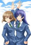  blue_eyes blue_hair brown_eyes brown_hair cloud day formal hand_on_hip himuro_fuu maho_(yakimorokoshi) multiple_girls necktie one_eye_closed sketchbook_full_colors sky tanabe_ryou 